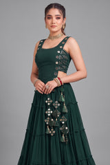 Emerald Green Georgette Tiered Mirror Work Koti Lehenga Set