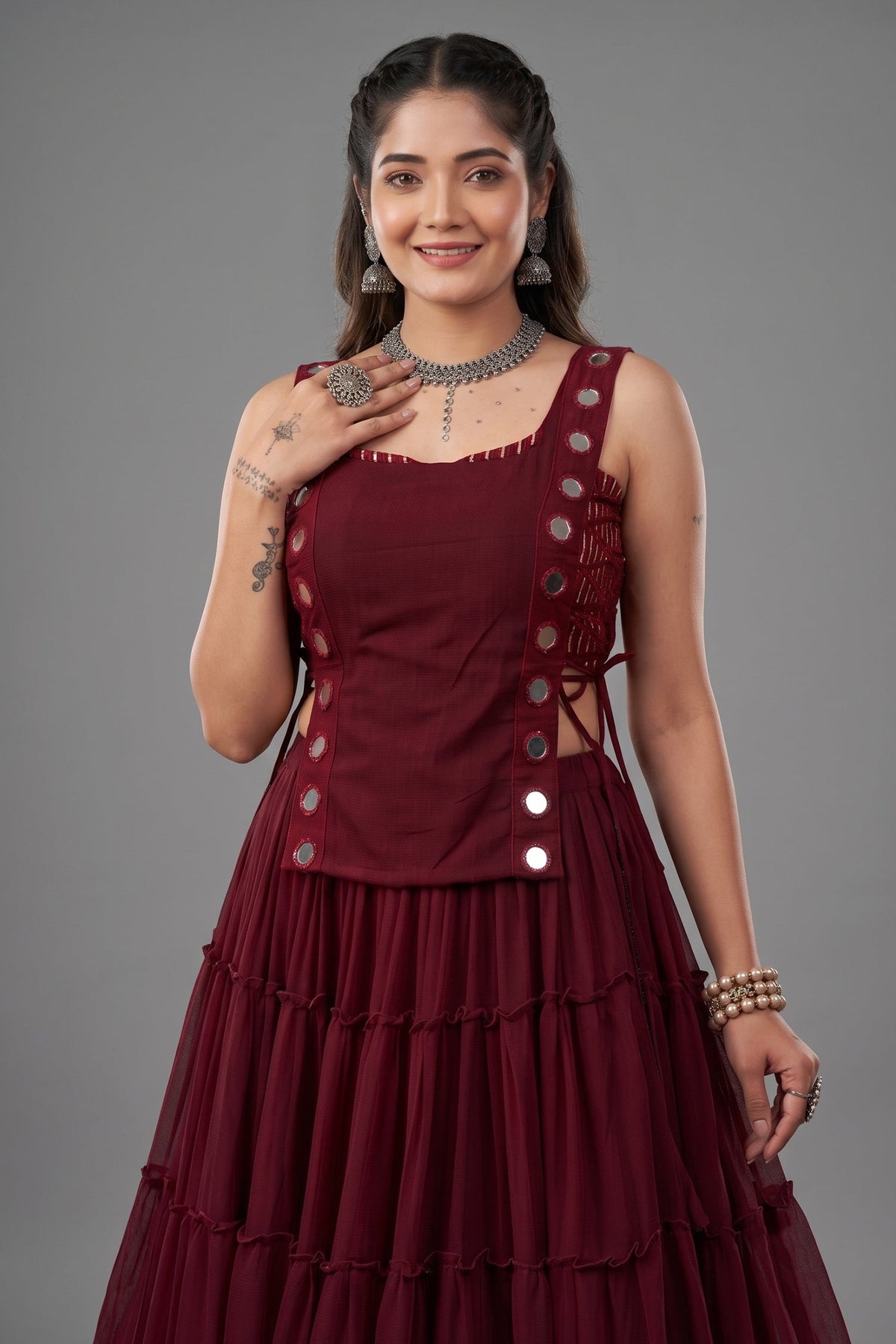 Maroon Georgette Tiered Mirror Work Koti Lehenga Set