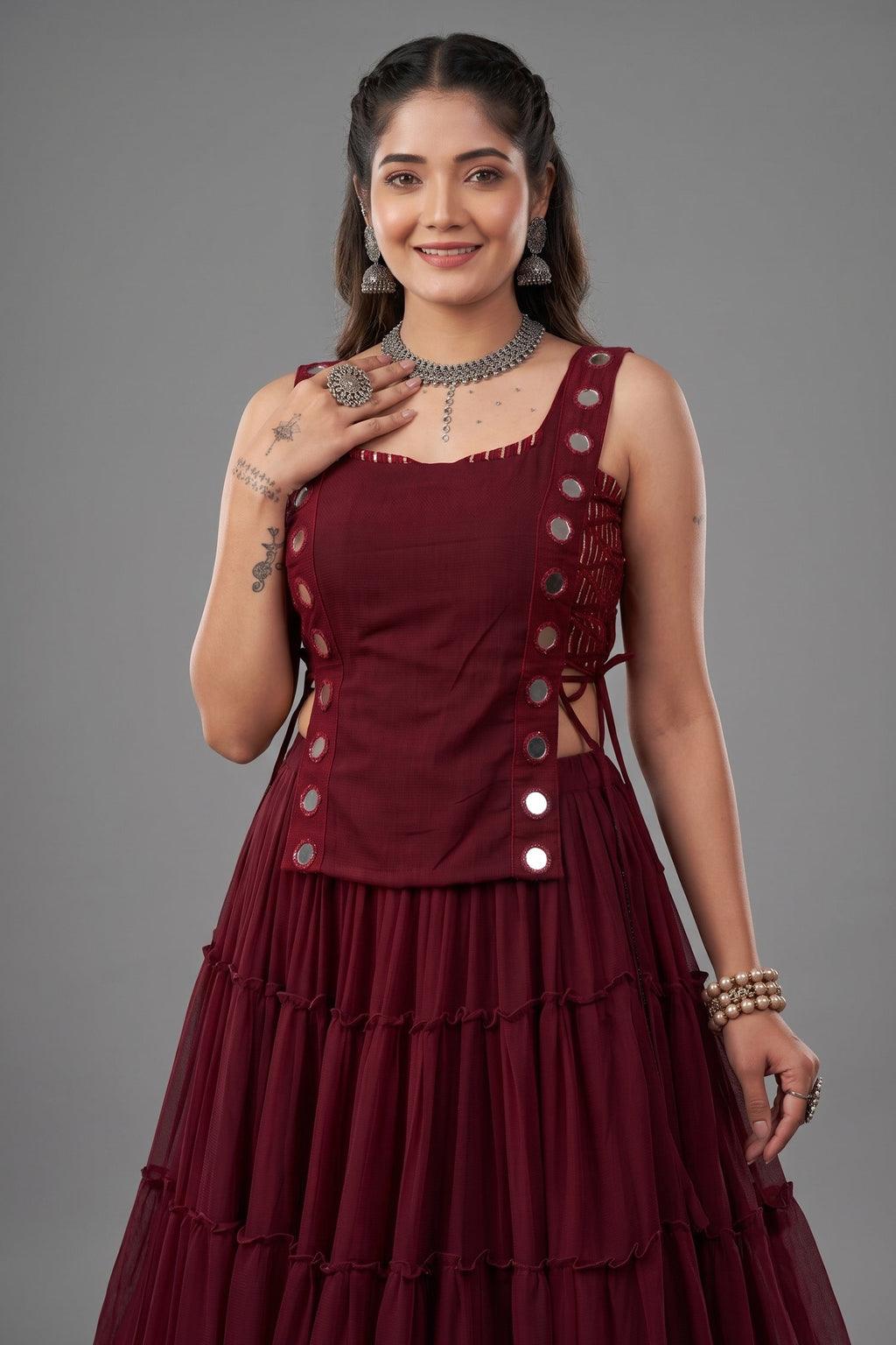 Maroon Georgette Tiered Mirror Work Koti Lehenga Set
