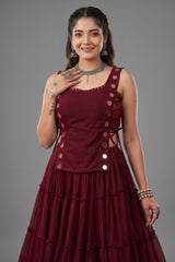 Maroon Georgette Tiered Mirror Work Koti Lehenga Set