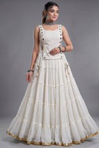 White Georgette Tiered Mirror Work Koti Lehenga Set