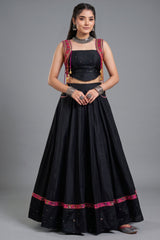 Black Pure Cotton Lehenga Set with Pink Kutchi Mirror Border