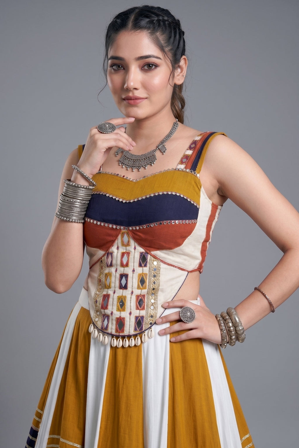 MultiColor Rayon Flared Lehenga Set with Gota Patti & Mirror Trim