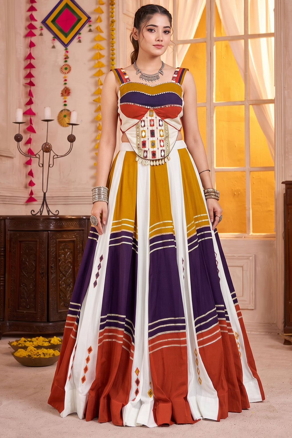 MultiColor Rayon Flared Lehenga Set with Gota Patti & Mirror Trim