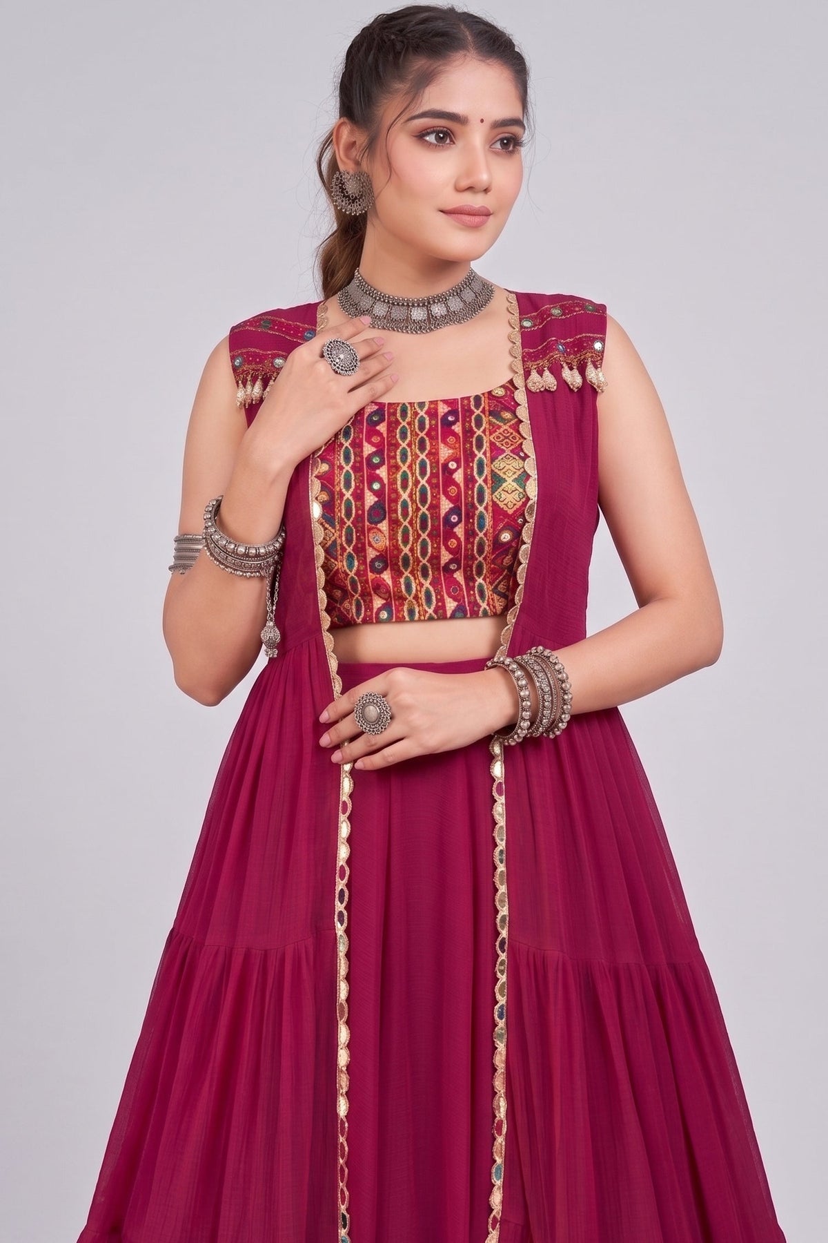 Pink Georgette Flared Lehenga Set with Long Gamthi Embroidered Koti