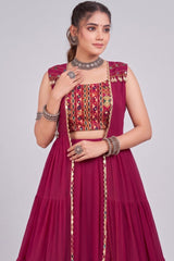 Pink Georgette Flared Lehenga Set with Long Gamthi Embroidered Koti