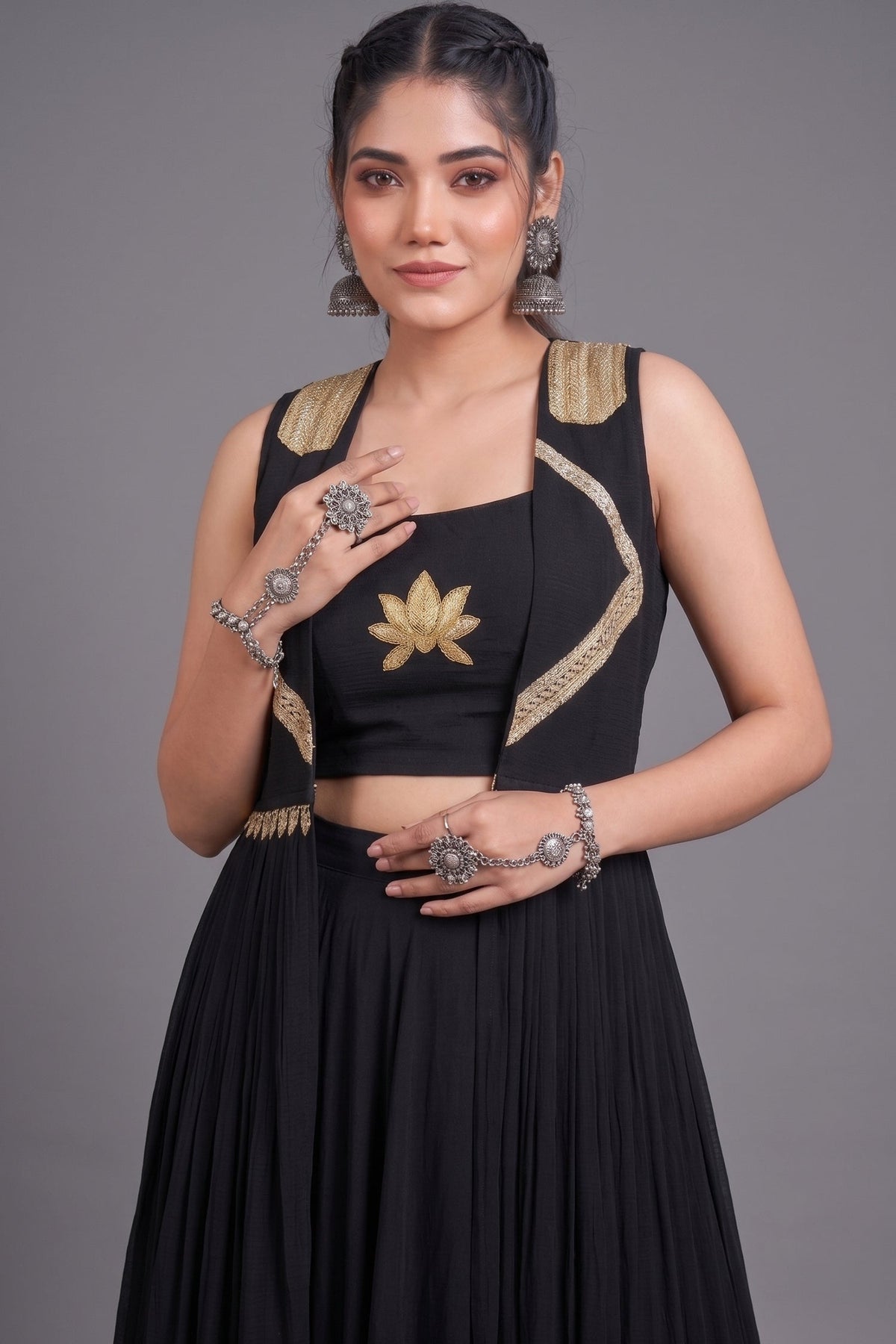 Black Georgette Lotus Handwork Long Koti Lehenga Set