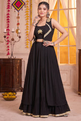 Black Georgette Lotus Handwork Long Koti Lehenga Set