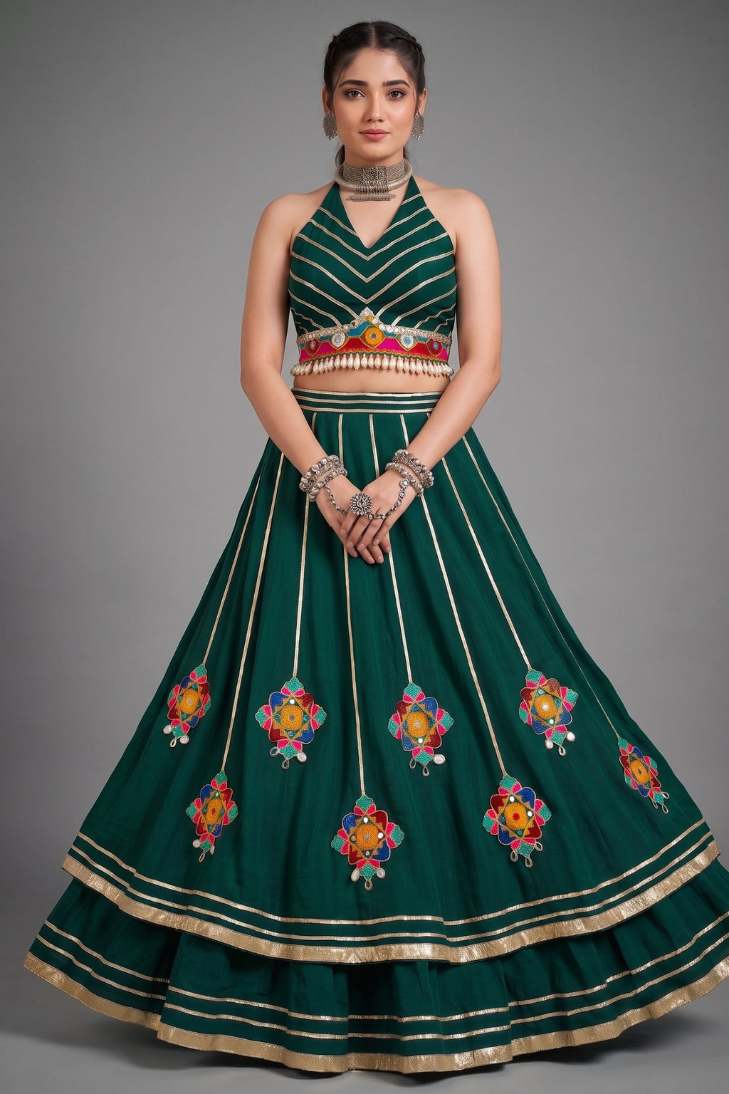 Green Flared Lehenga Set with Mirror-Embellished Gamthi Yoke