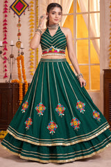 Green Flared Lehenga Set with Mirror-Embellished Gamthi Yoke
