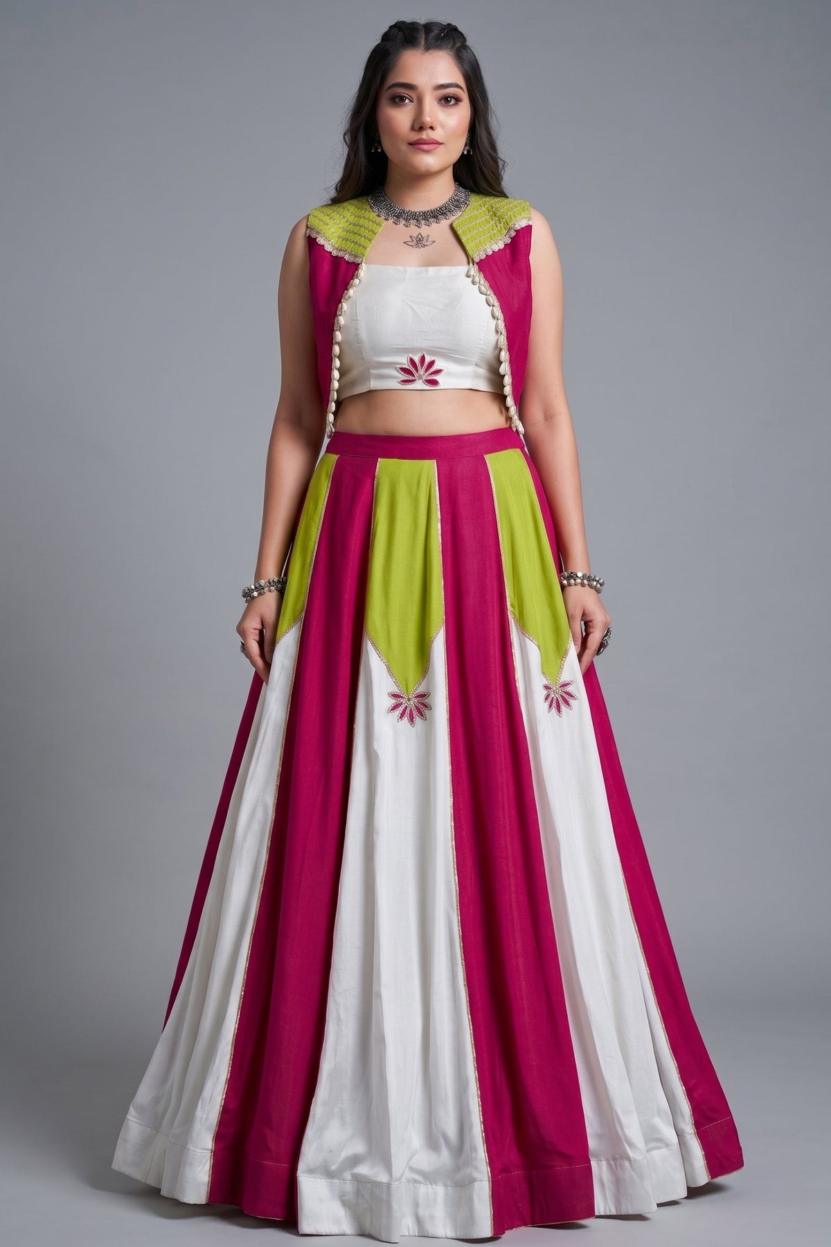 White & Multi Rayon Lehenga with Pearl Gota Embellished Jacket