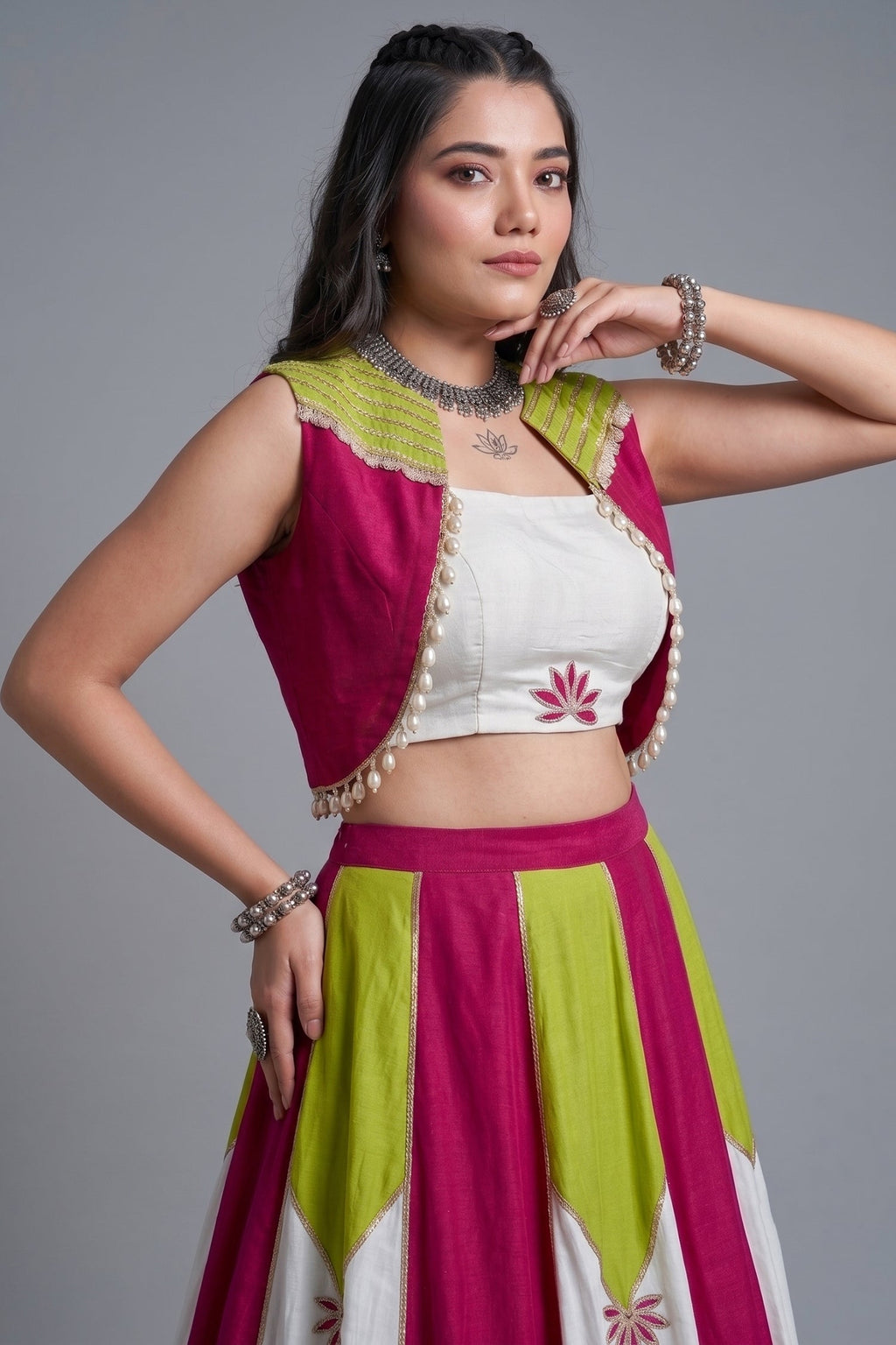 White & Multi Rayon Lehenga with Pearl Gota Embellished Jacket