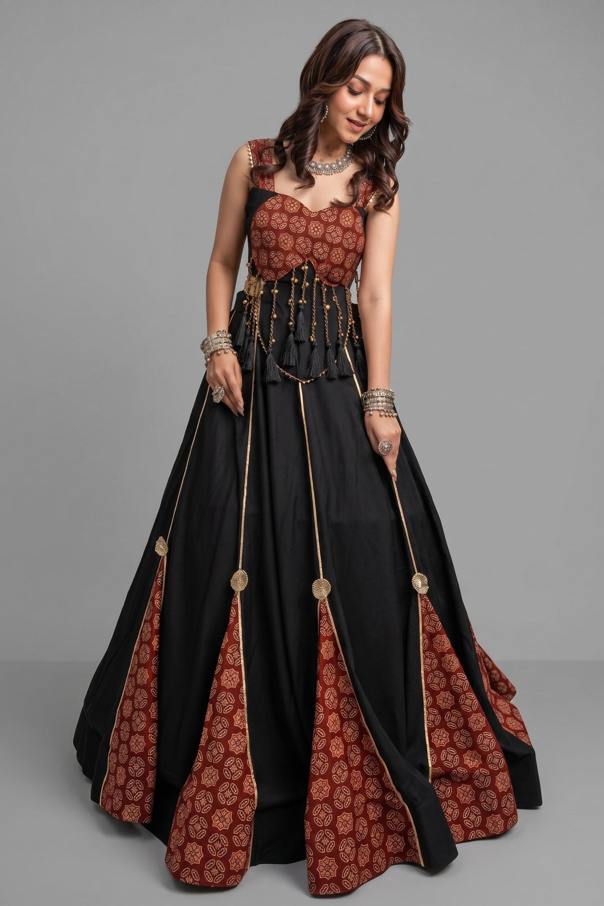 Black Cotton Flared Lehenga Choli with Ajrakh Printed Inset Gussets & Tasseled Bustier