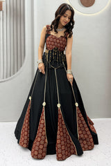Black Cotton Flared Lehenga Choli with Ajrakh Printed Inset Gussets & Tasseled Bustier