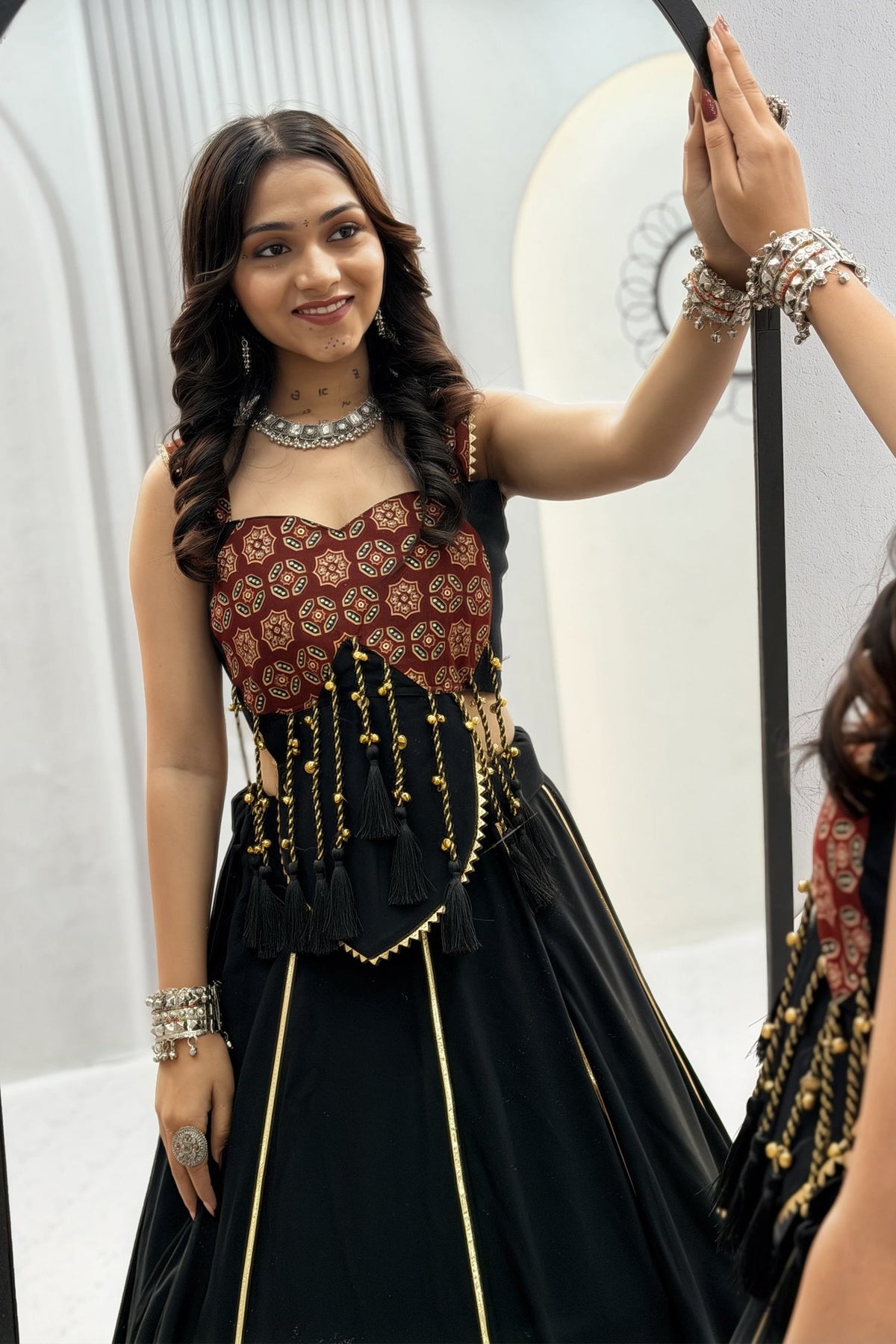 Black Cotton Flared Lehenga Choli with Ajrakh Printed Inset Gussets & Tasseled Bustier