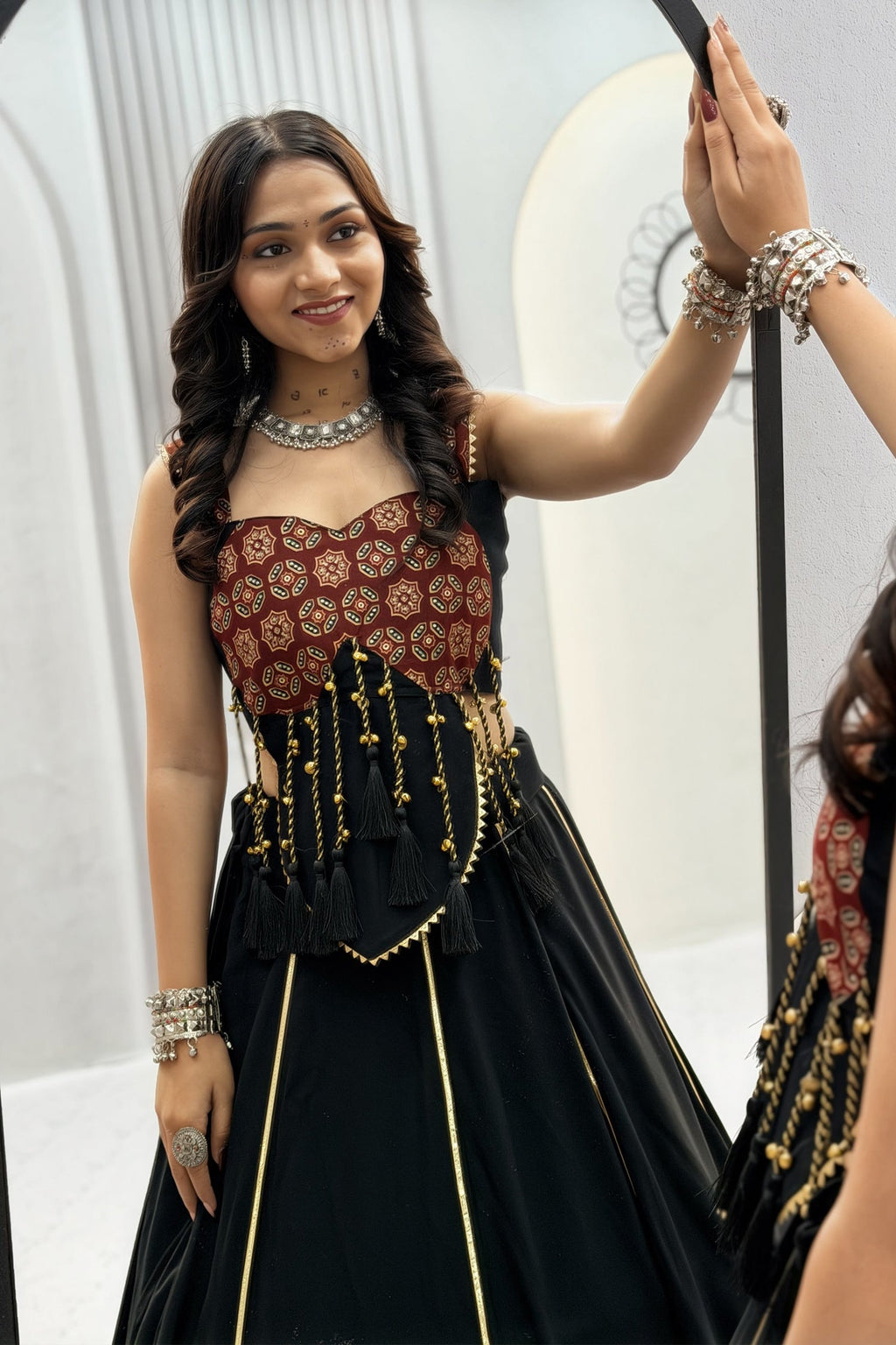 Black Cotton Flared Lehenga Choli with Ajrakh Printed Inset Gussets & Tasseled Bustier