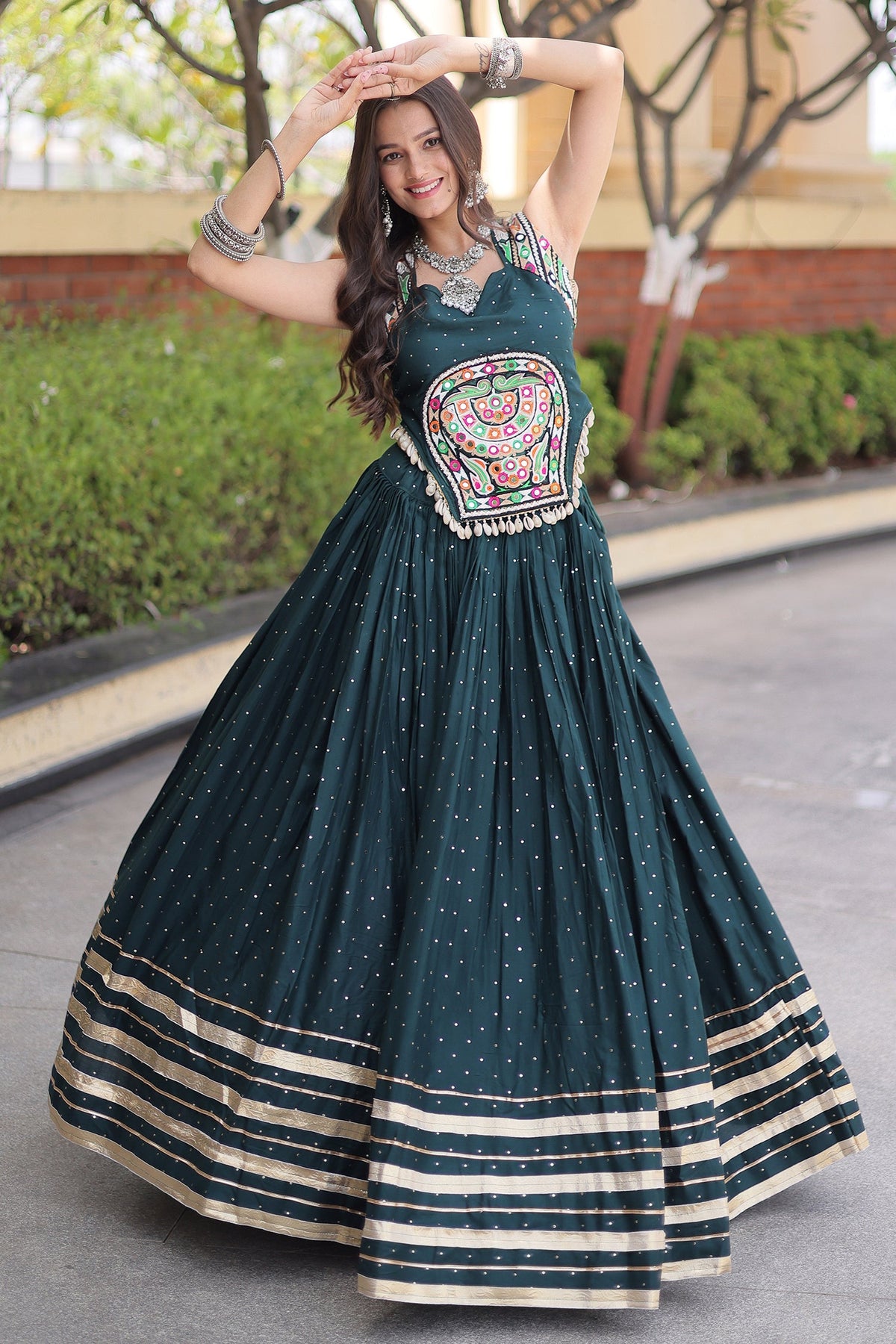 Green Rayon Mirror and Gota Patti Work Lehenga Choli