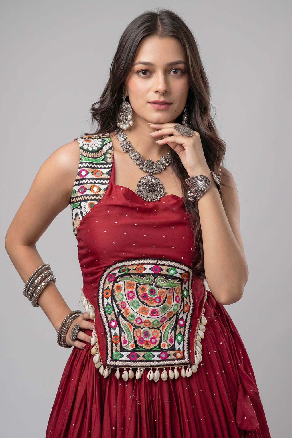 Maroon Rayon Mirror and Gota Patti Work Lehenga Choli