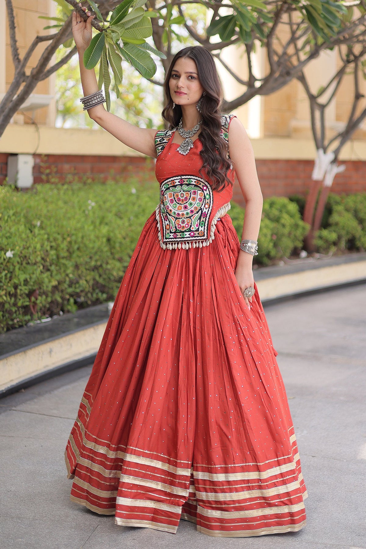 Orange Rayon Mirror and Gota Patti Work Lehenga Choli