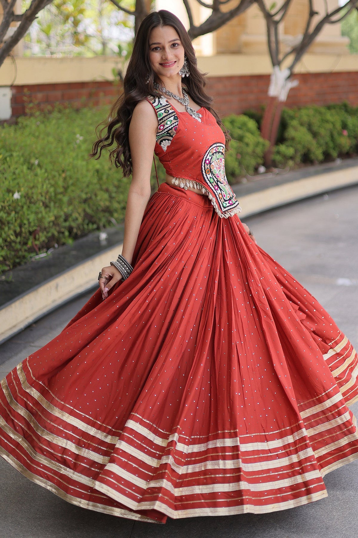 Orange Rayon Mirror and Gota Patti Work Lehenga Choli