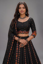 Black Cotton Rayon Lehenga Choli with Printed Geometric Border