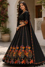 Black Cotton Rayon Lehenga Choli with Printed Geometric Border