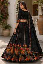 Black Cotton Rayon Lehenga Choli with Printed Geometric Border