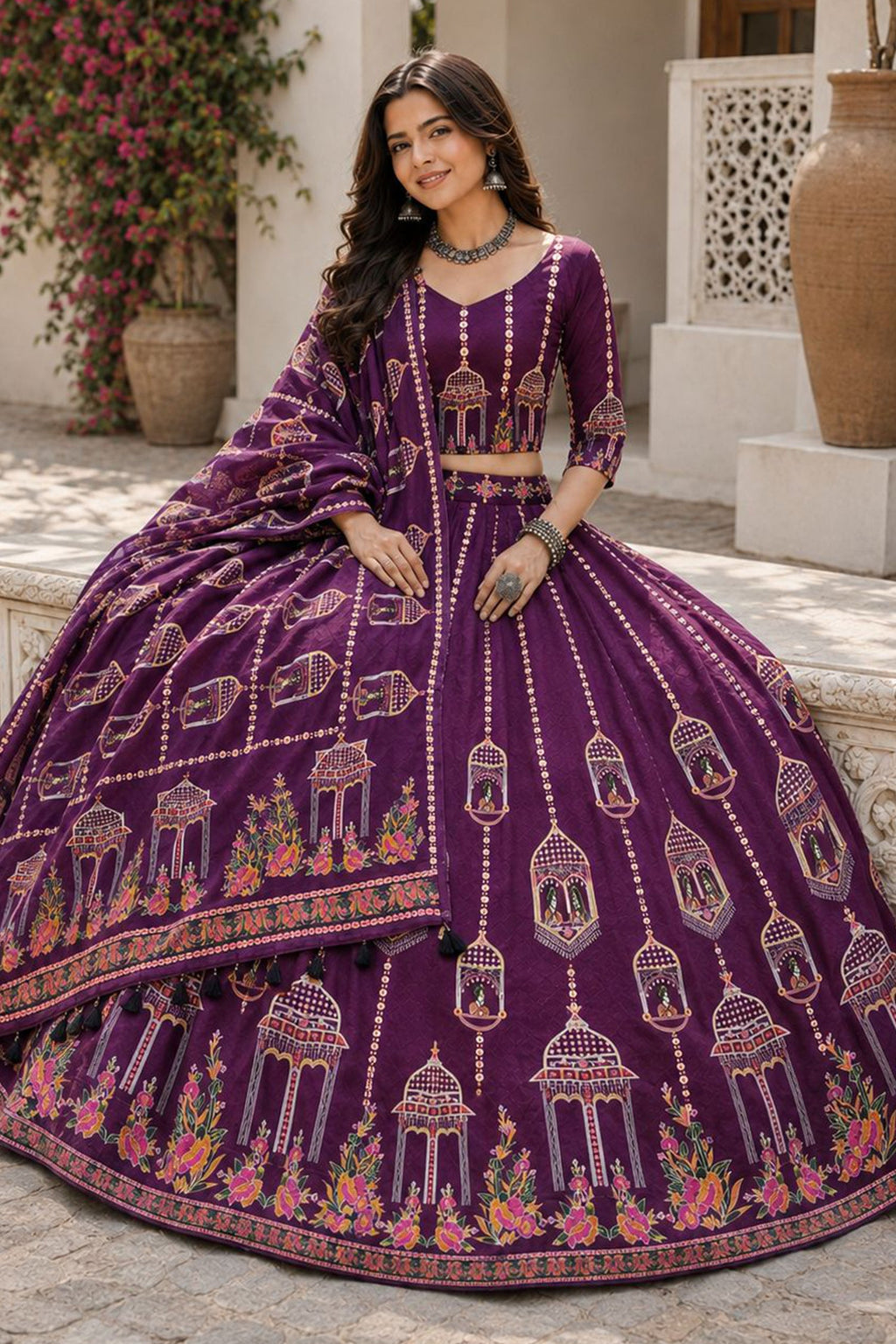 Purple Cotton Rayon Jharokha Printed Lehenga Choli