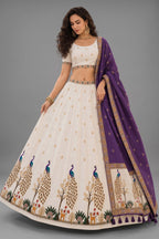 Off White Cotton Rayon Peacock Printed Lehenga Choli