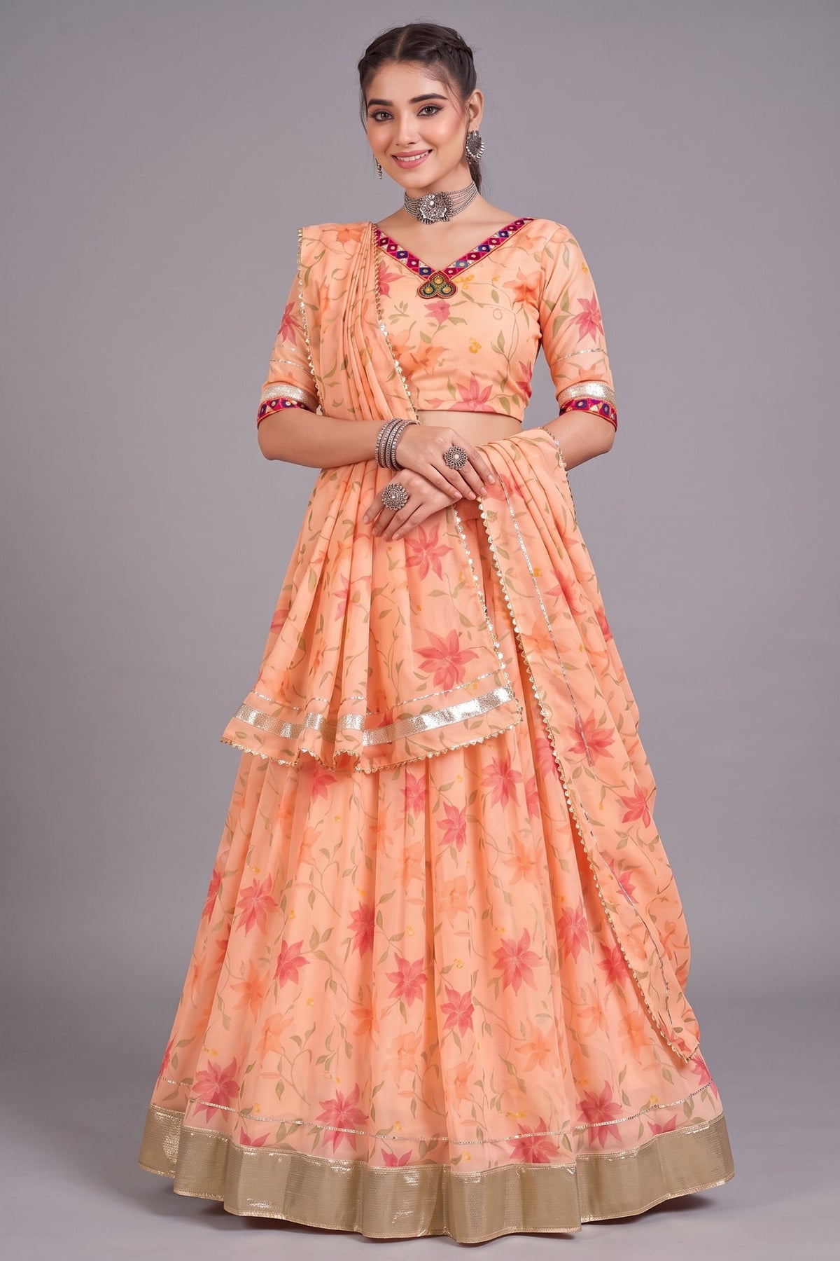 Elegant Peach Printed Lehenga Choli