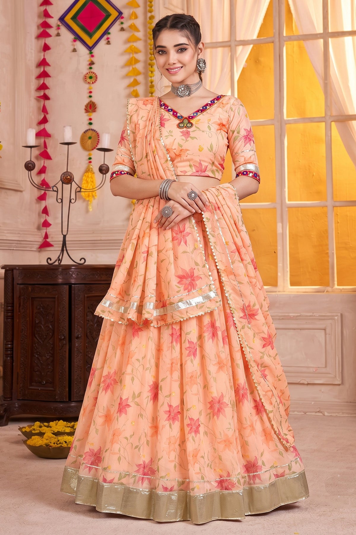 Elegant Peach Printed Lehenga Choli