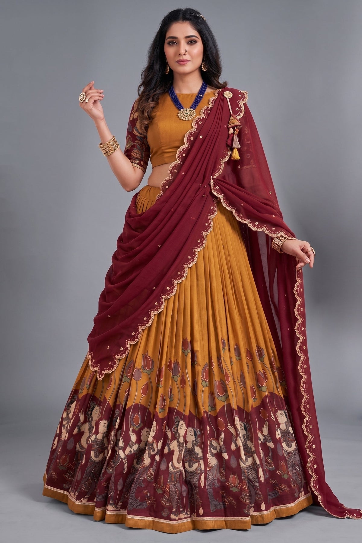 Mustard Tussar Silk Kalamkari Printed Lehenga