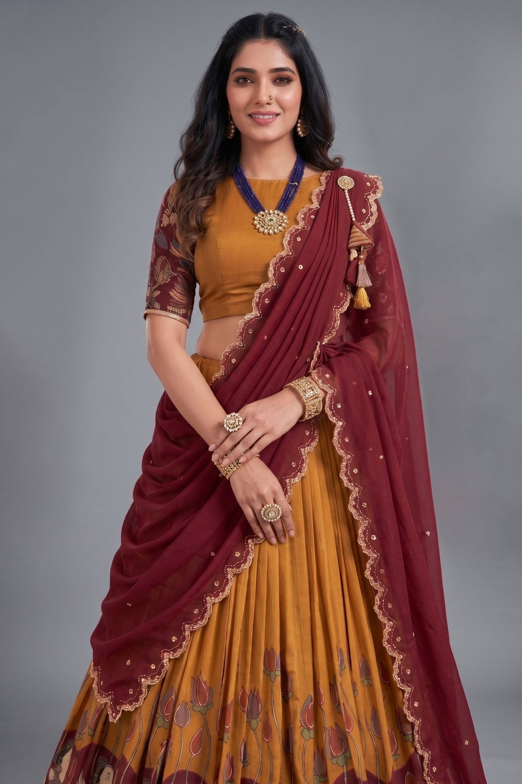 Mustard Tussar Silk Kalamkari Printed Lehenga