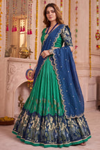 Rama Green Tussar Silk Kalamkari Printed Lehenga