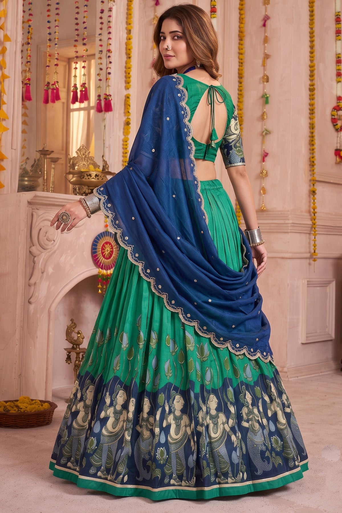 Rama Green Tussar Silk Kalamkari Printed Lehenga