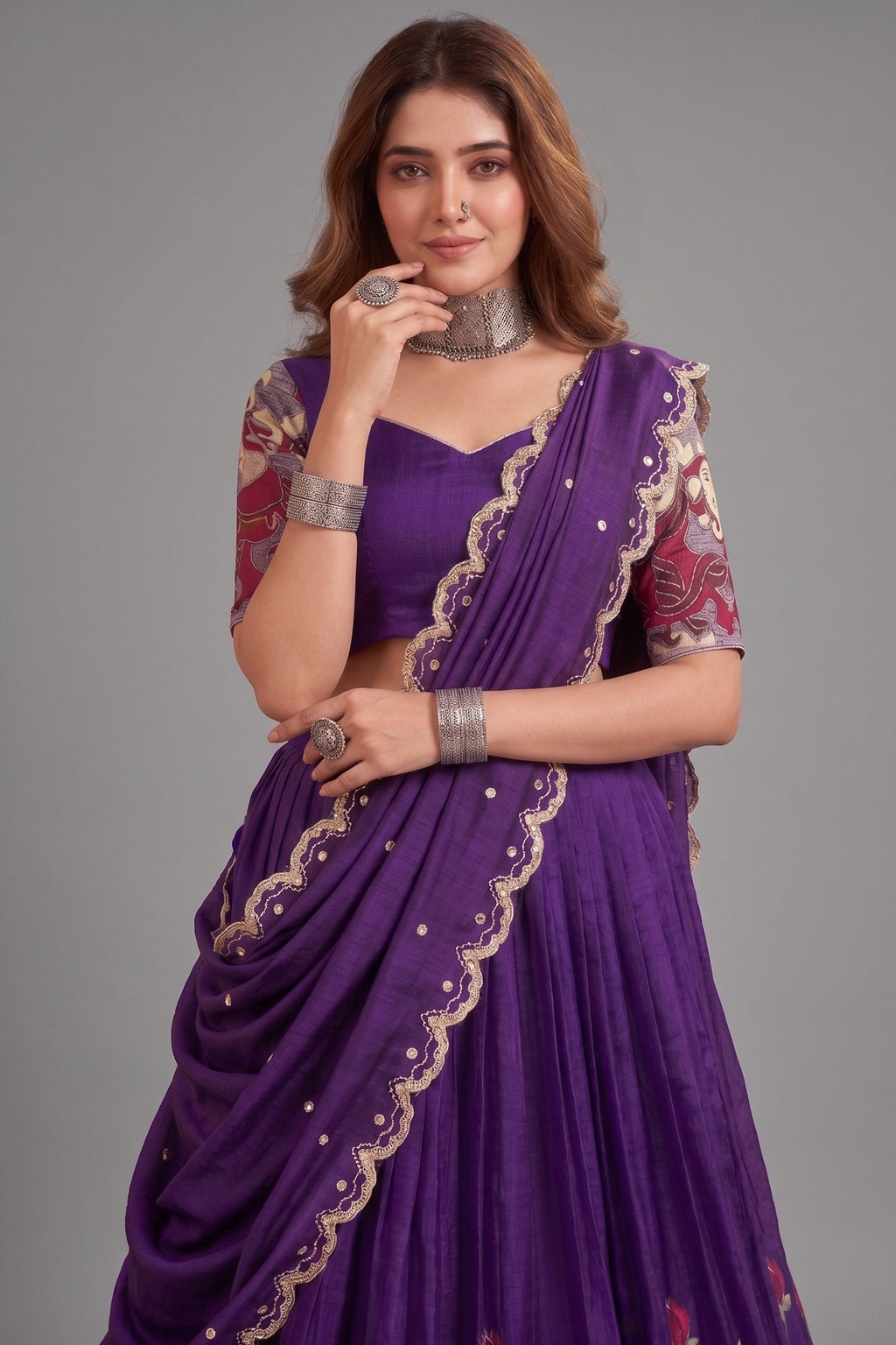 Purple Tussar Silk Kalamkari Printed Lehenga
