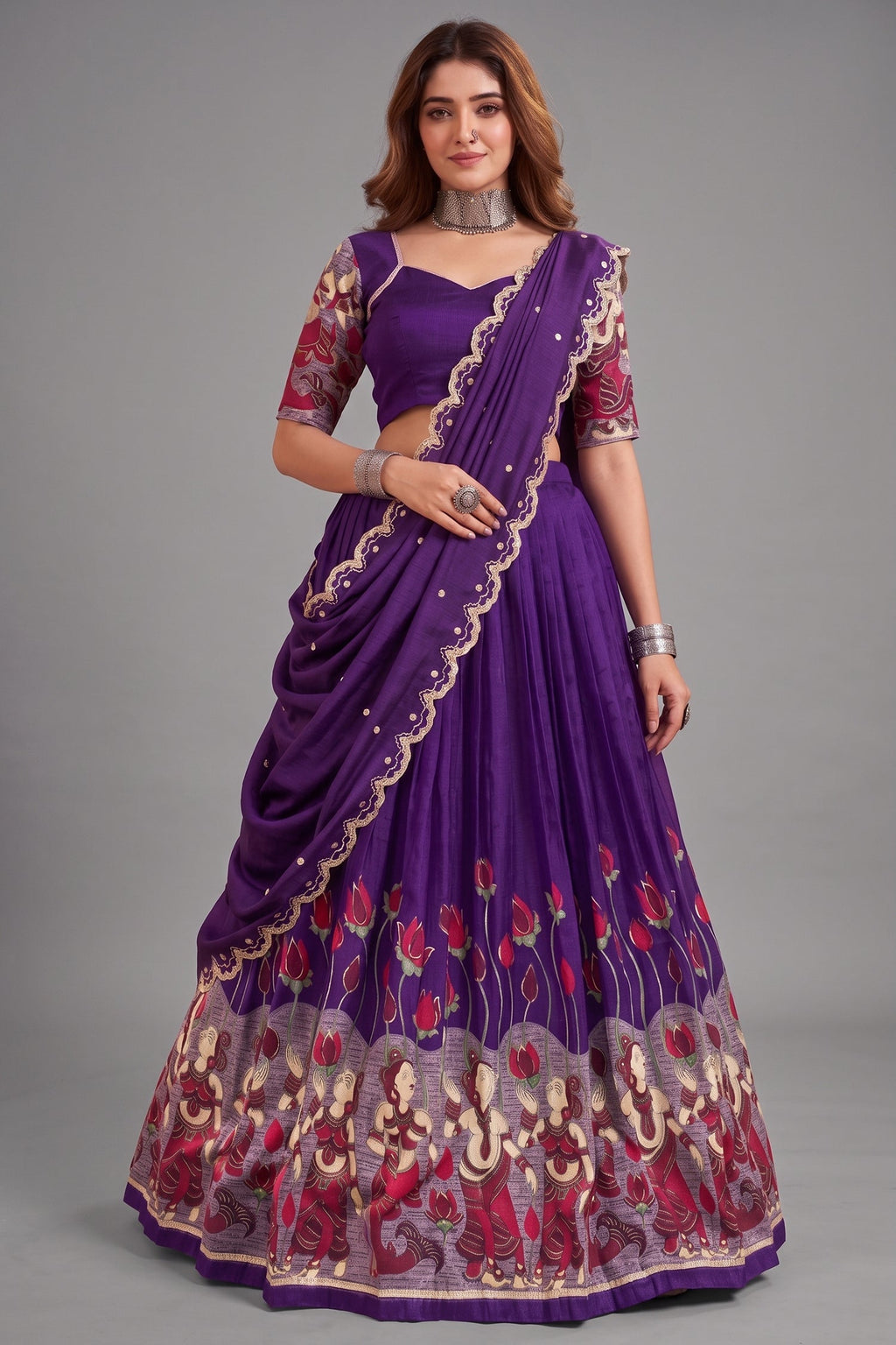 Purple Tussar Silk Kalamkari Printed Lehenga