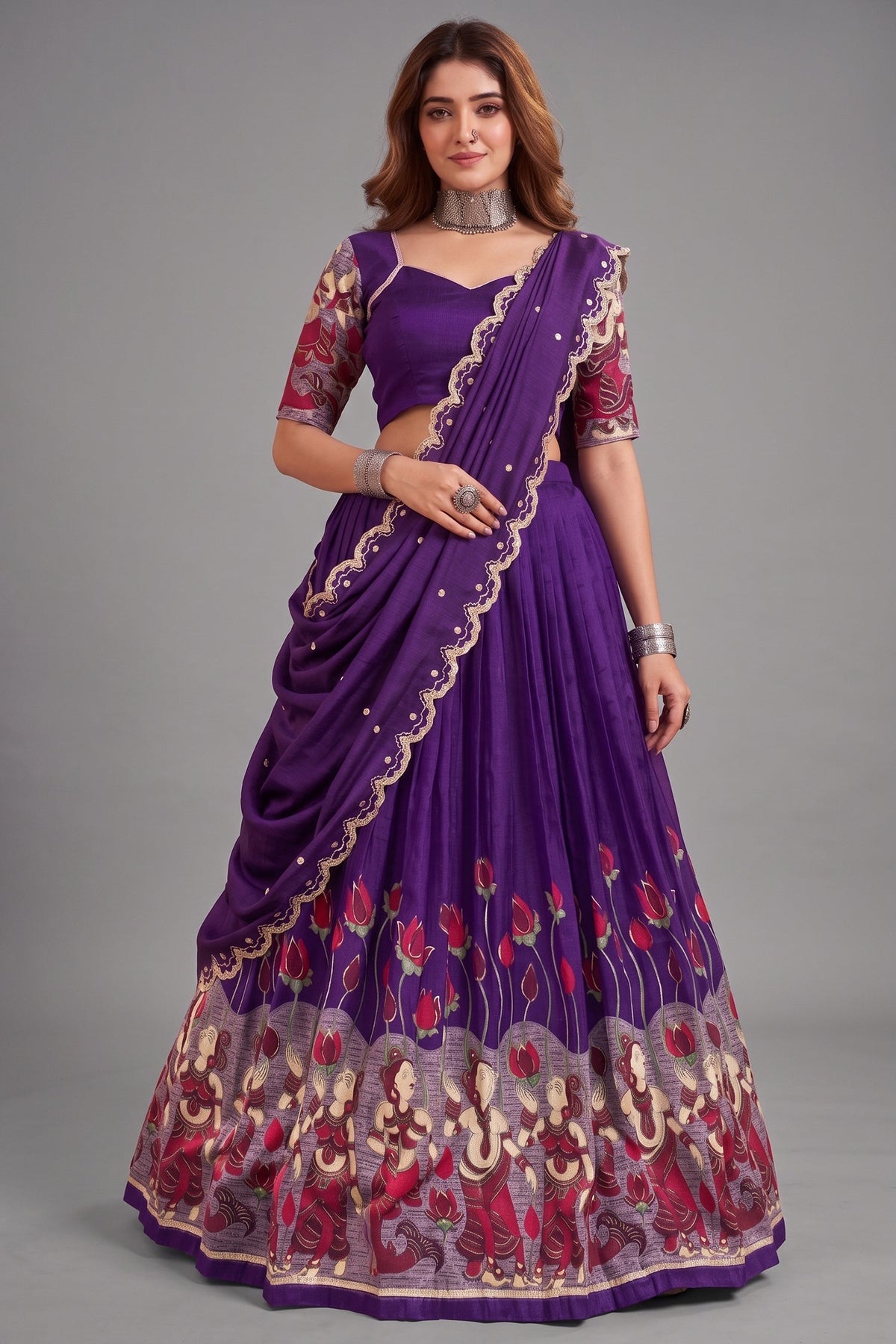 Purple Tussar Silk Kalamkari Printed Lehenga