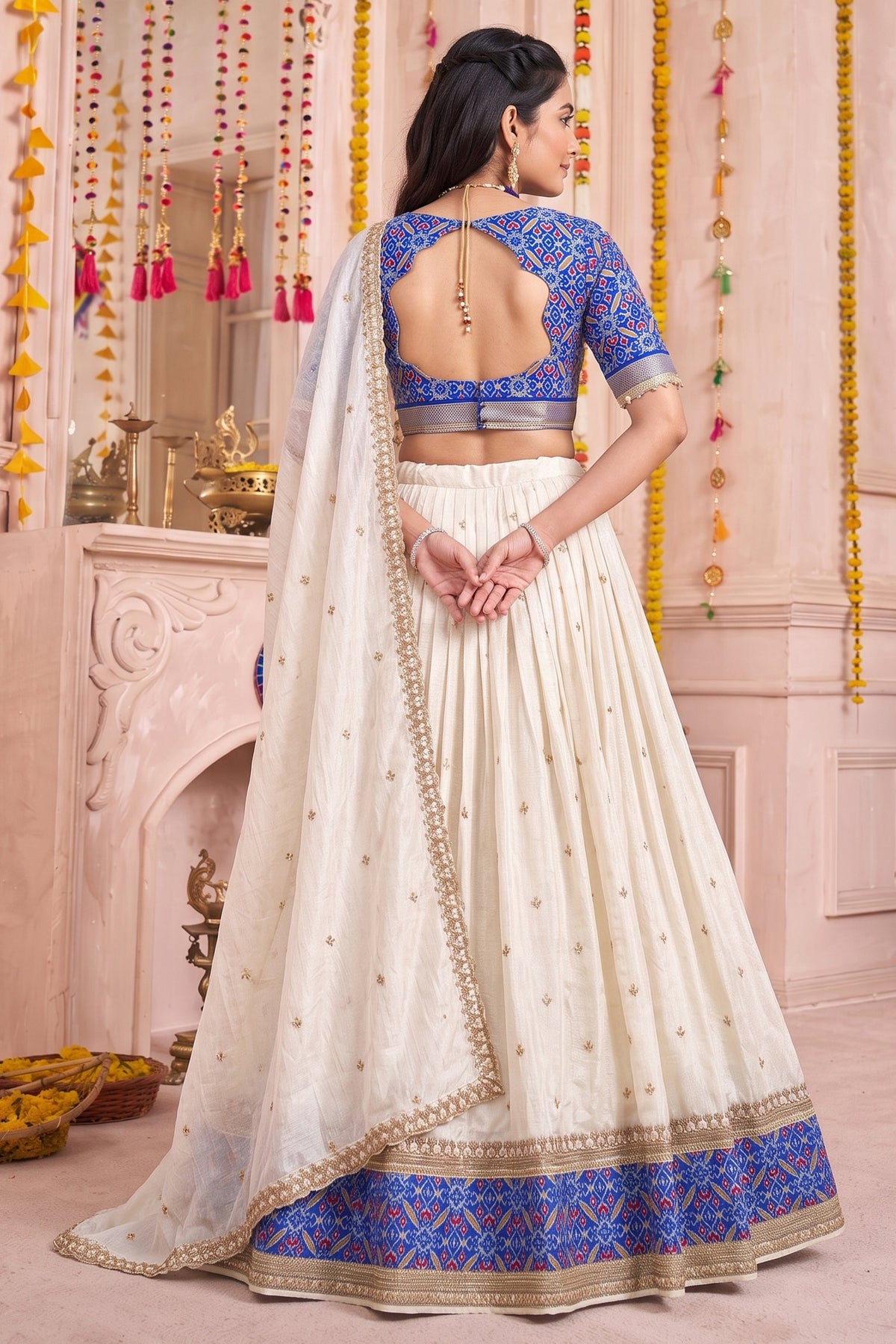 Off White Tussar Silk Lehenga with Patola Border