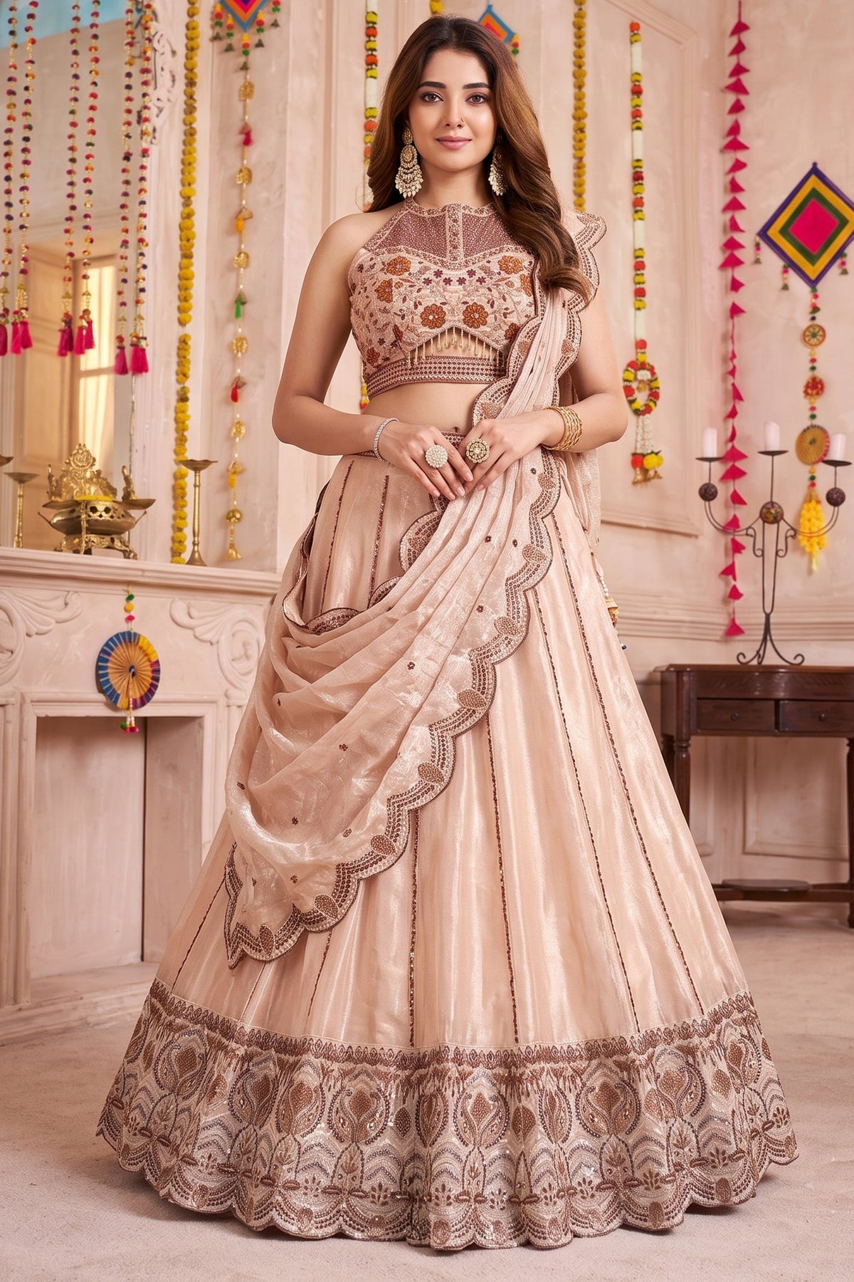 Cream Crush Silk Embroidered Lehenga