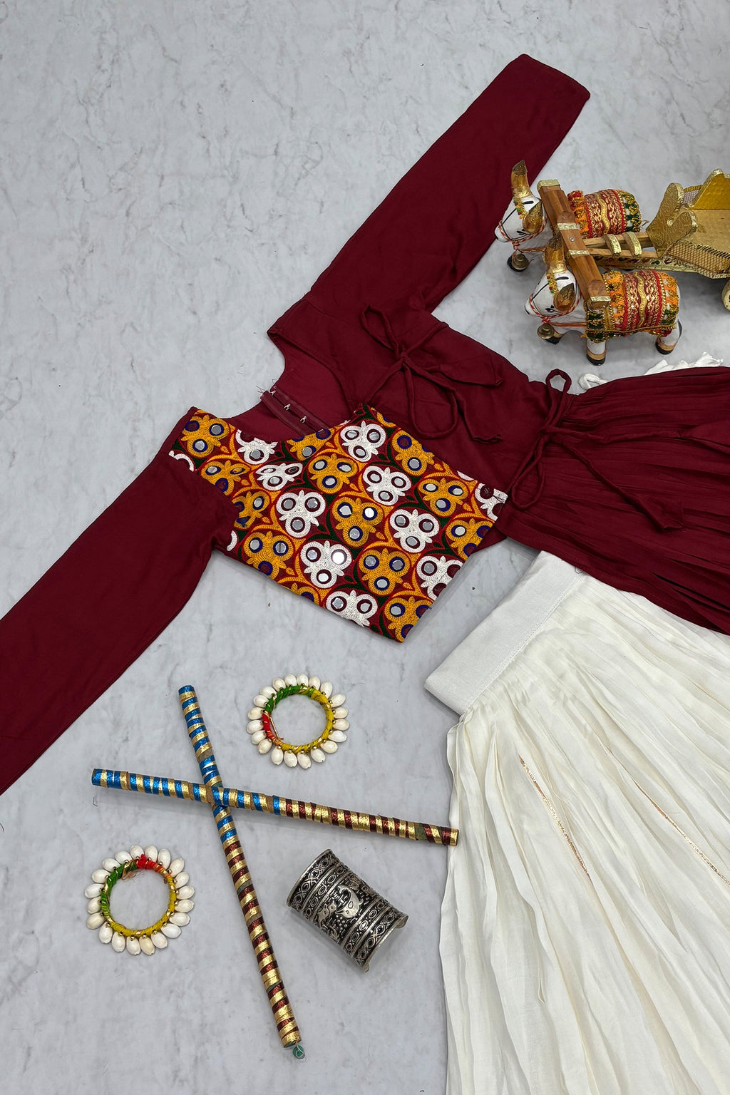 Off White and Maroon Cotton Kachchi Work Lehenga