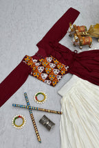 Off White and Maroon Cotton Kachchi Work Lehenga