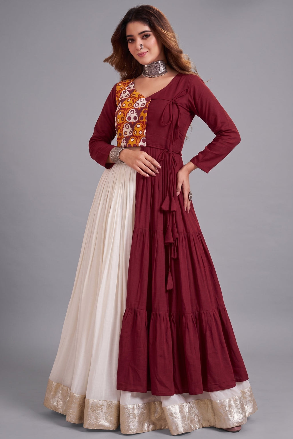 Off White and Maroon Cotton Kachchi Work Lehenga