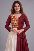 Off White and Maroon Cotton Kachchi Work Lehenga