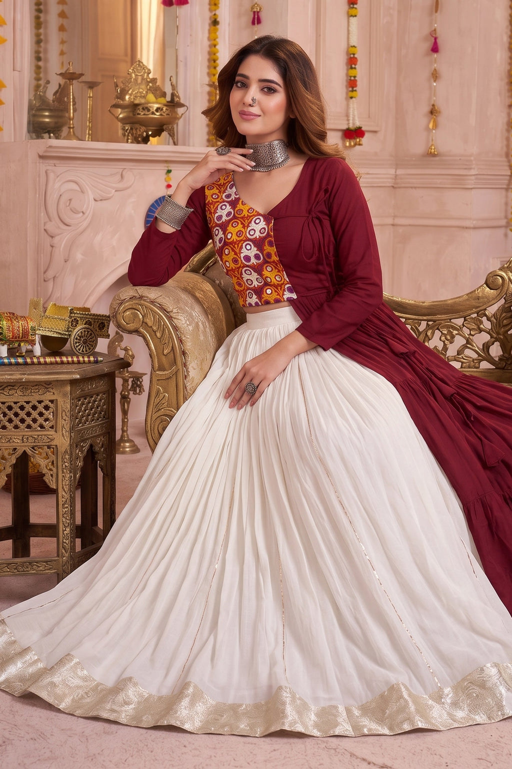 Off White and Maroon Cotton Kachchi Work Lehenga