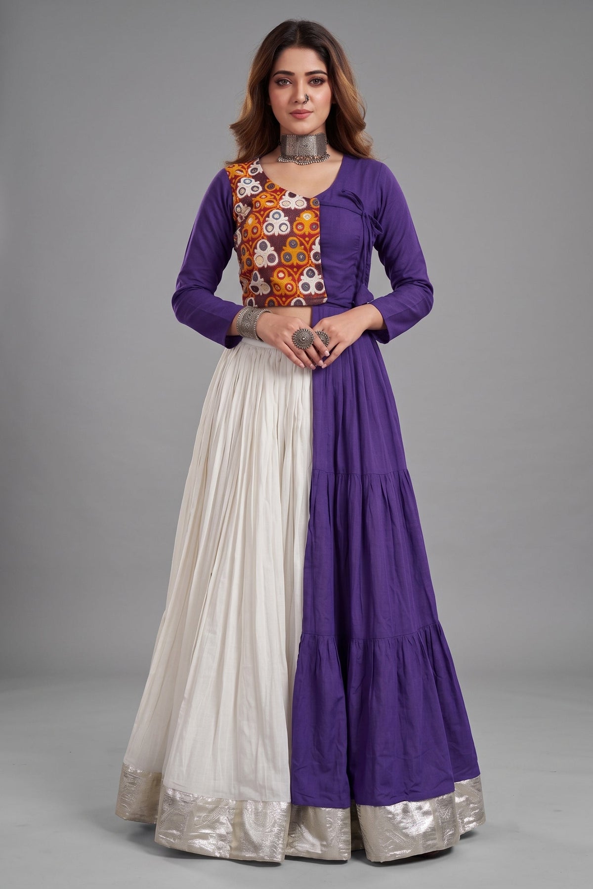 Off White and Purple Cotton Kachchi Work Lehenga