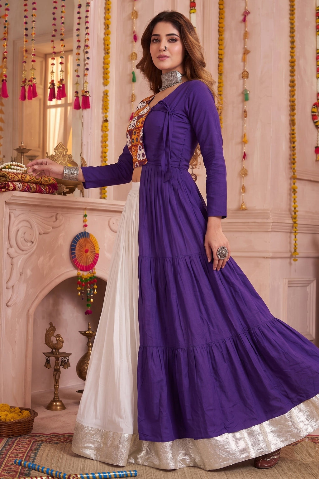 Off White and Purple Cotton Kachchi Work Lehenga