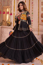Black Cotton Kachchi Work Peplum Style Flared Lehenga