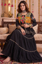 Black Cotton Kachchi Work Peplum Style Flared Lehenga