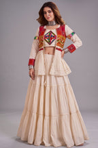 Cream Cotton Kachchi Work Peplum Style Flared Lehenga
